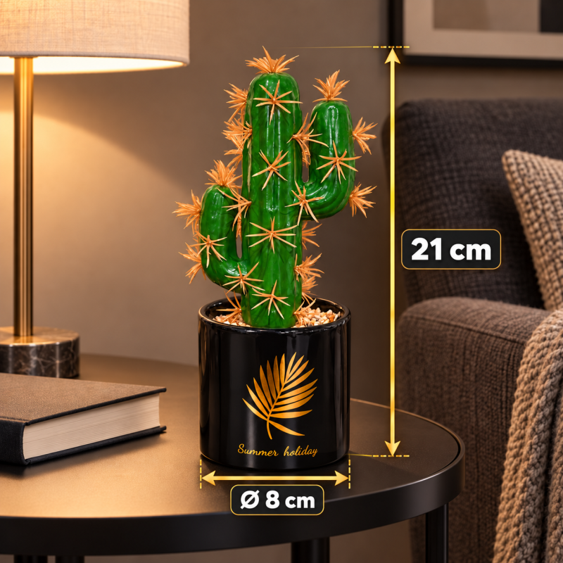 Cactus artificial cu 3 brațe și ghiveci decorativ, Naimeed D2835-3cap, 21x8 cm, Verde/Negru