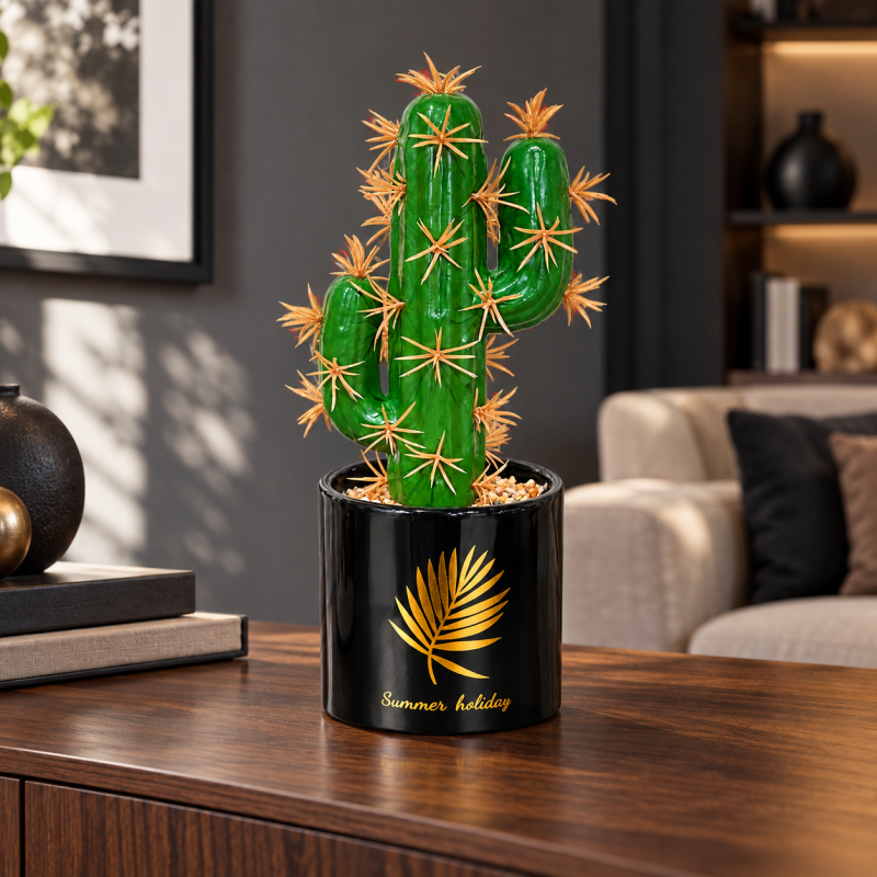 Cactus artificial cu 3 brațe și ghiveci decorativ, Naimeed D2835-3cap, 21x8 cm, Verde/Negru