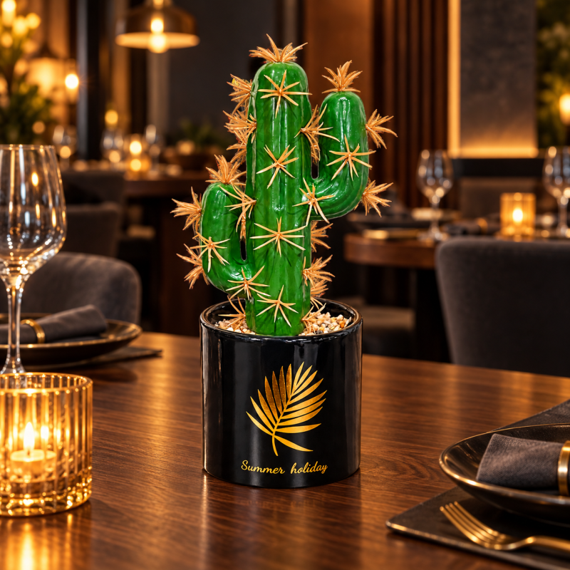 Cactus artificial cu 3 brațe și ghiveci decorativ, Naimeed D2835-3cap, 21x8 cm, Verde/Negru