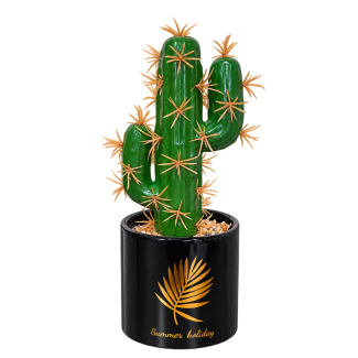 Cactus artificial cu 3 brațe și ghiveci decorativ, Naimeed D2835-3cap, 21x8 cm, Verde/Negru