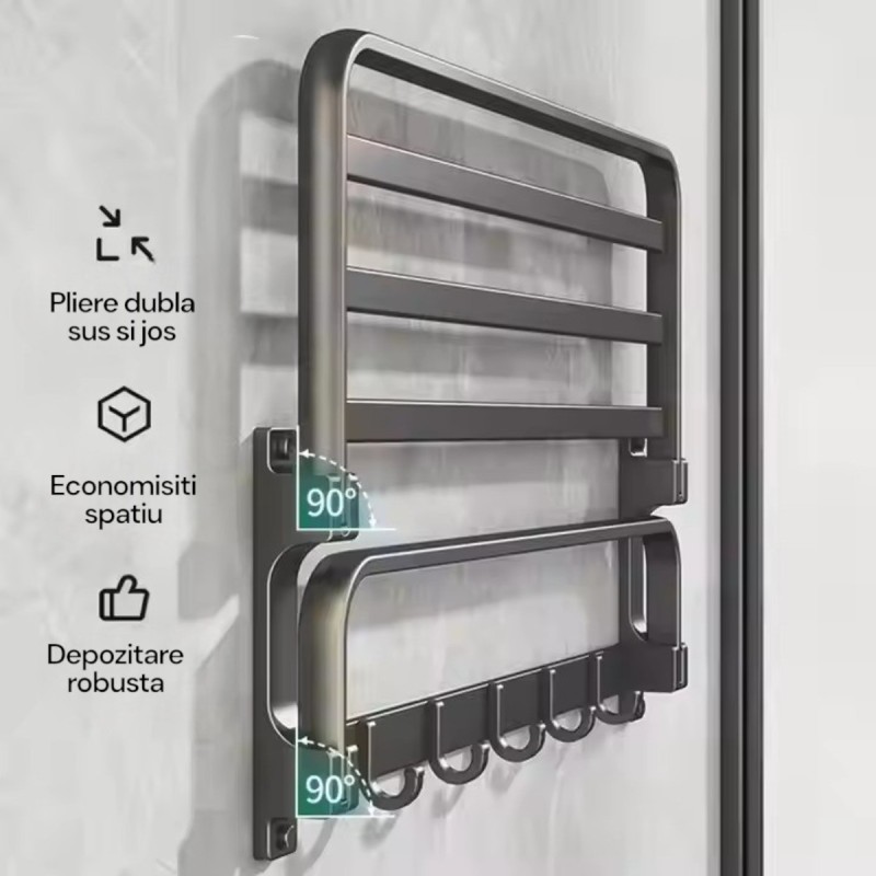 Suport multifunctional, tip etajera, cu 5 carlige, din aluminiu, Naimeed D6162, Gri