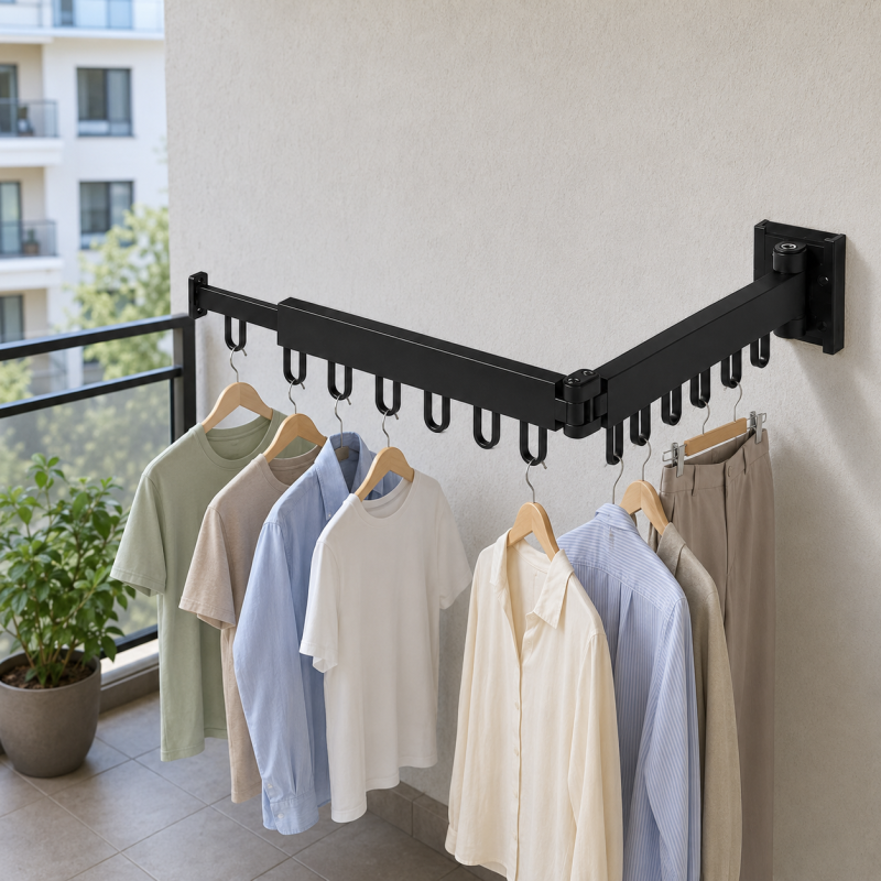 Cuier de perete extensibil cu 2 brate rotative si 12 carlige, aluminiu, Naimeed D7698, Negru