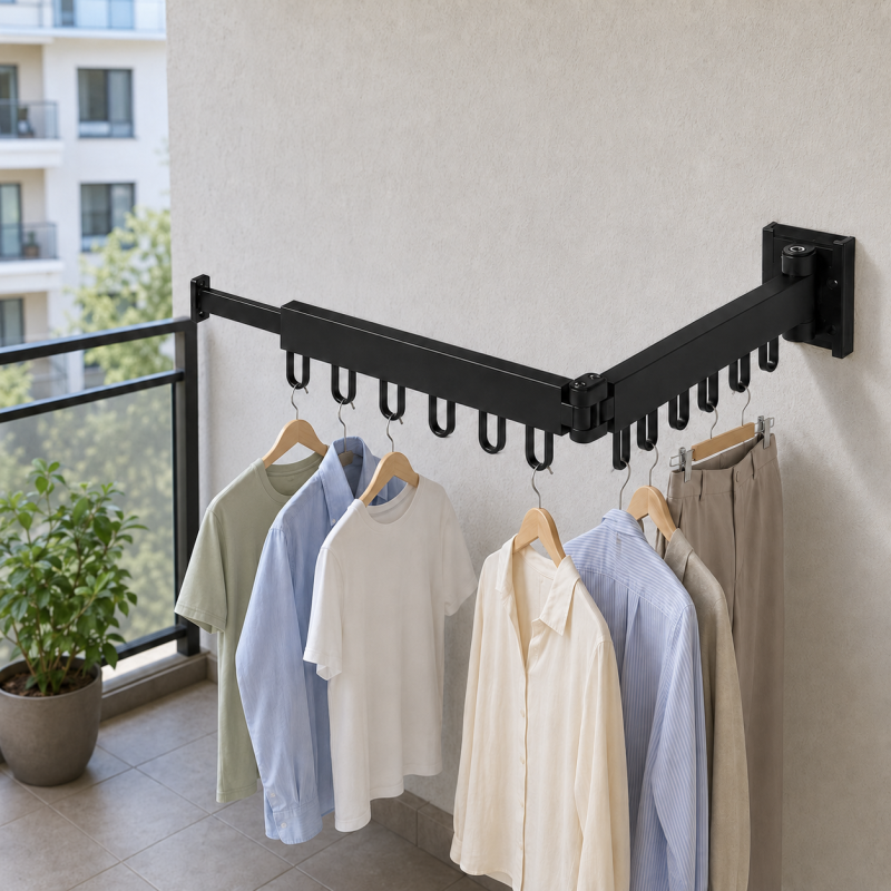 Cuier de perete extensibil cu 2 brate rotative si 12 carlige, aluminiu, Naimeed D7698, Negru Cuier de perete extensibil cu 2 brate rotative si 12 carlige, aluminiu, Naimeed D7698, Negru
