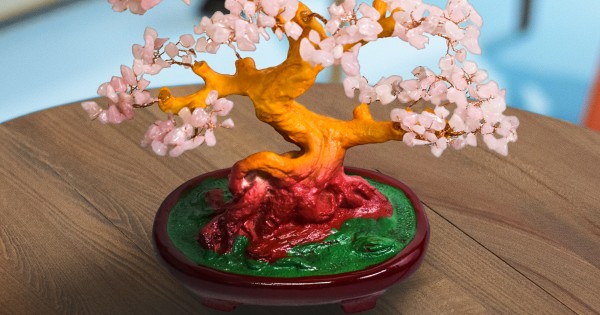 Copaci Roz Copac Feng Shui cu Pietre Semipretioase de Cuart Roz, Suport Ceramic ...
