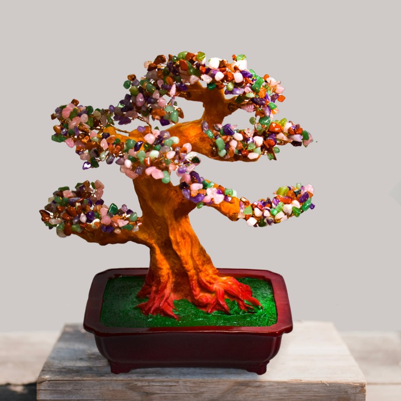 Copac Feng Shui cu Pietre Semipretioase, Suport Ceramic, Naimeed D4626-Multicolor