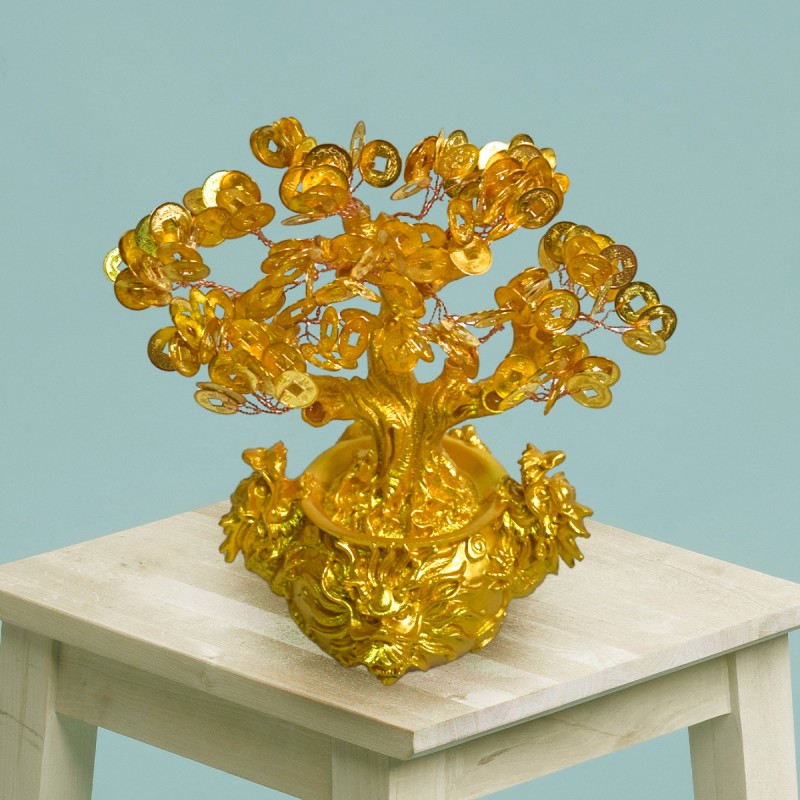 Copac Feng Shui cu Monede Aurii, Suport Ceramic, Naimeed D4637