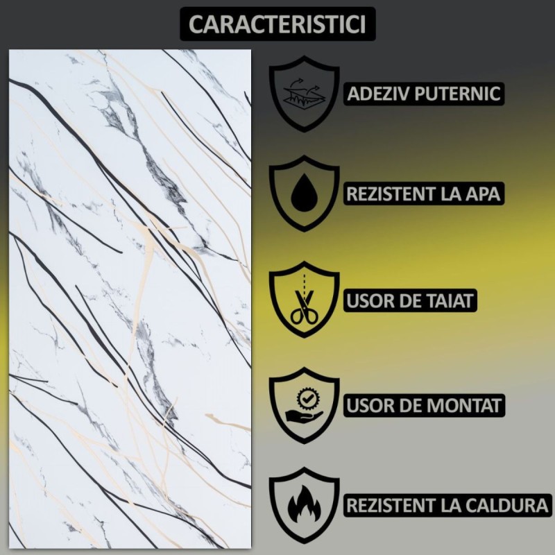 Set 6 panouri decorative autoadezive cu folie de aluminiu, efect marmura,  suprafata acoperita 1.08 m², Naimeed D7123, 60x30 cm, Gri deschis