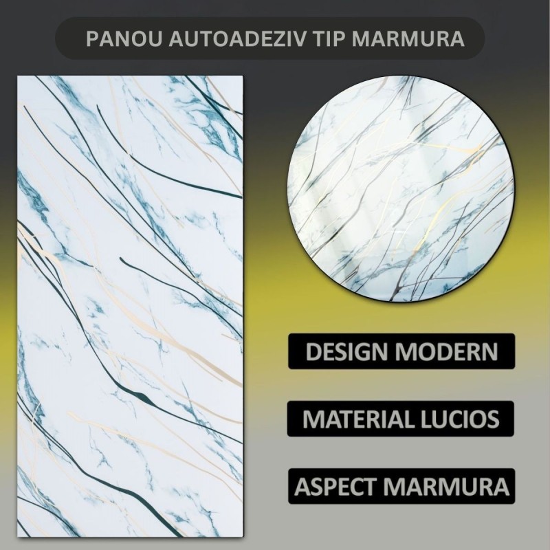 Set 6 panouri decorative autoadezive cu folie de aluminiu, efect marmura,  suprafata acoperita 1.08 m², Naimeed D7125, 60x30 cm, Alb/Albastru