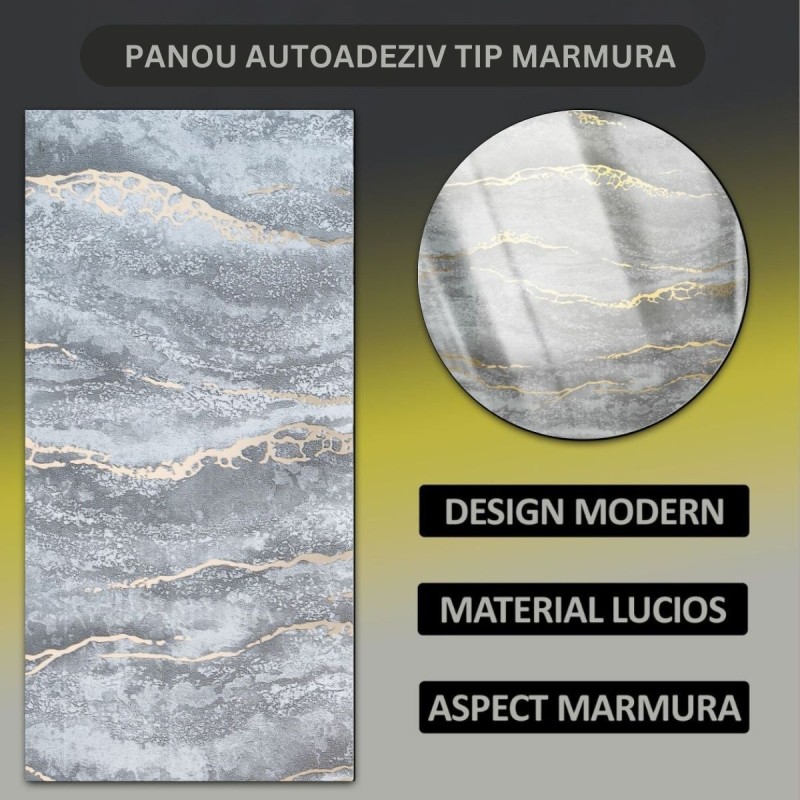 Set 6 panouri decorative autoadezive cu folie de aluminiu, efect marmura,  suprafata acoperita 1.08 m², Naimeed D7126, 60x30 cm, Gri inchis
