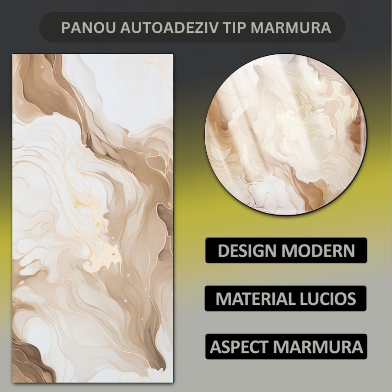 Set 6 panouri decorative autoadezive cu folie de aluminiu, efect marmura,  suprafata acoperita 1.08 m², Naimeed D7129, 60x30 cm, Alb/Crem