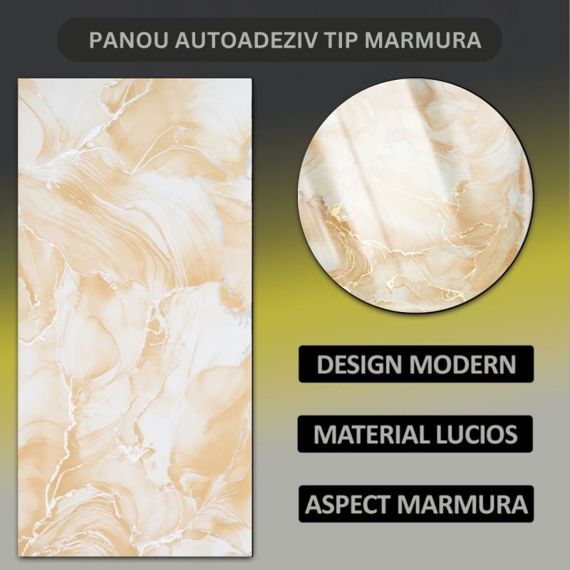 Set 6 panouri decorative autoadezive cu folie de aluminiu, efect marmura,  suprafata acoperita 1.08 m², Naimeed D7131, 60x30 cm, Crem