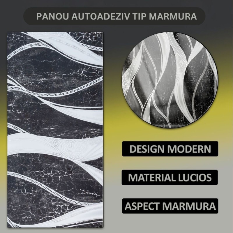 Set 6 panouri decorative autoadezive cu folie de aluminiu, efect marmura, suprafata acoperita 1.08 m², Naimeed D7132, 60x30 cm, Negru Set 6 panouri decorative autoadezive cu folie de aluminiu, efect marmura, suprafata acoperita 1.08 m², Naimeed D7132, 60x30 cm, Negru