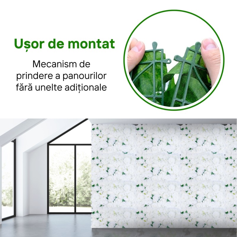 Panou din plante artificiale cu flori, Naimeed D5911, Alb, 600x400mm Panou din plante artificiale cu flori, Naimeed D5911, Alb, 600x400mm