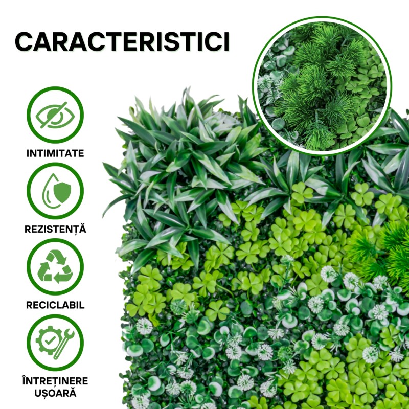 Panou din plante artificiale, cu gazon, Naimeed D5914, Verde-Alb, 1000x500mm Panou din plante artificiale, cu gazon, Naimeed D5914, Verde-Alb, 1000x500mm