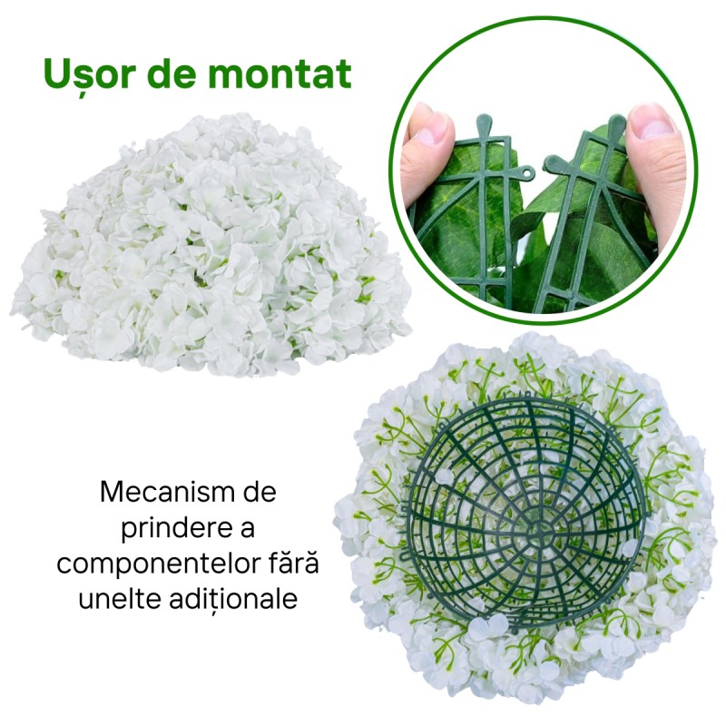 Sfera din plante artificiale, cu flori, Naimeed D5927, Alb, 100mm Sfera din plante artificiale, cu flori, Naimeed D5927, Alb, 100mm