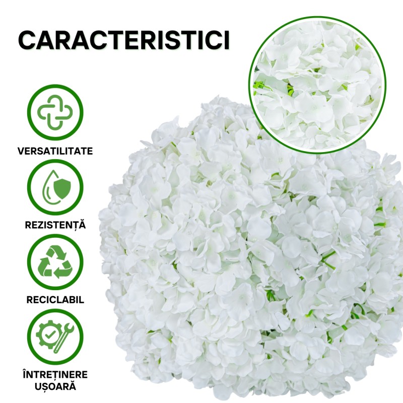 Sfera din plante artificiale, cu flori, Naimeed D5927, Alb, 100mm Sfera din plante artificiale, cu flori, Naimeed D5927, Alb, 100mm