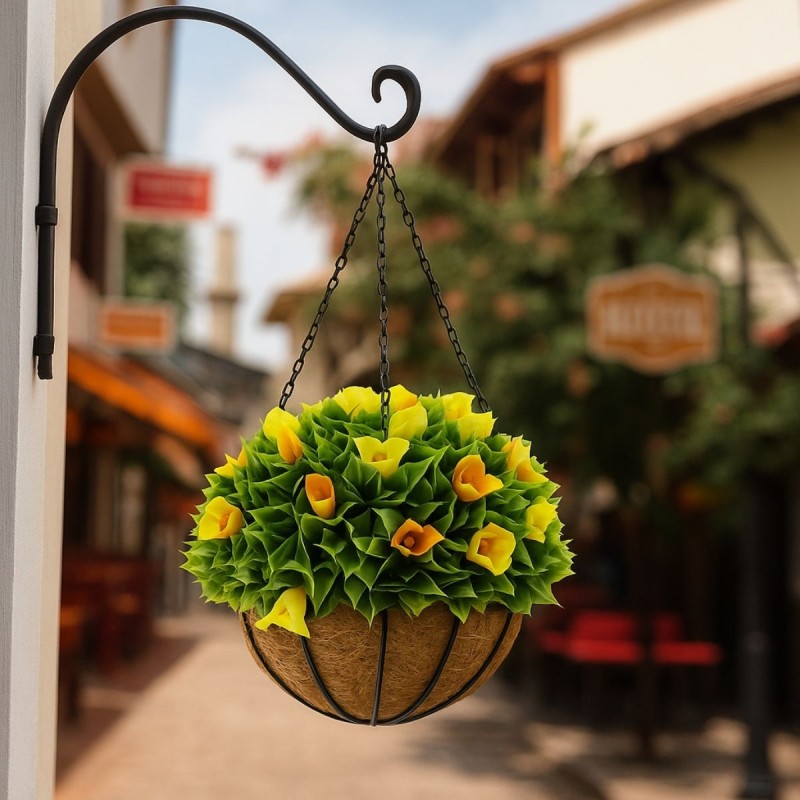 Planta artificiala suspendata, cu ghiveci din fibra de cocos, Naimeed D7449, diametru 28cm, galben