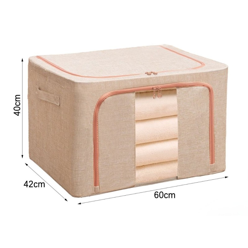 Cutie Depozitare Multifunctionala, cu Cadru Metalic, Fermoar Dublu și Ferestre Transparente, Naimeed D7650, dimensiuni 60x42x40cm, Crem