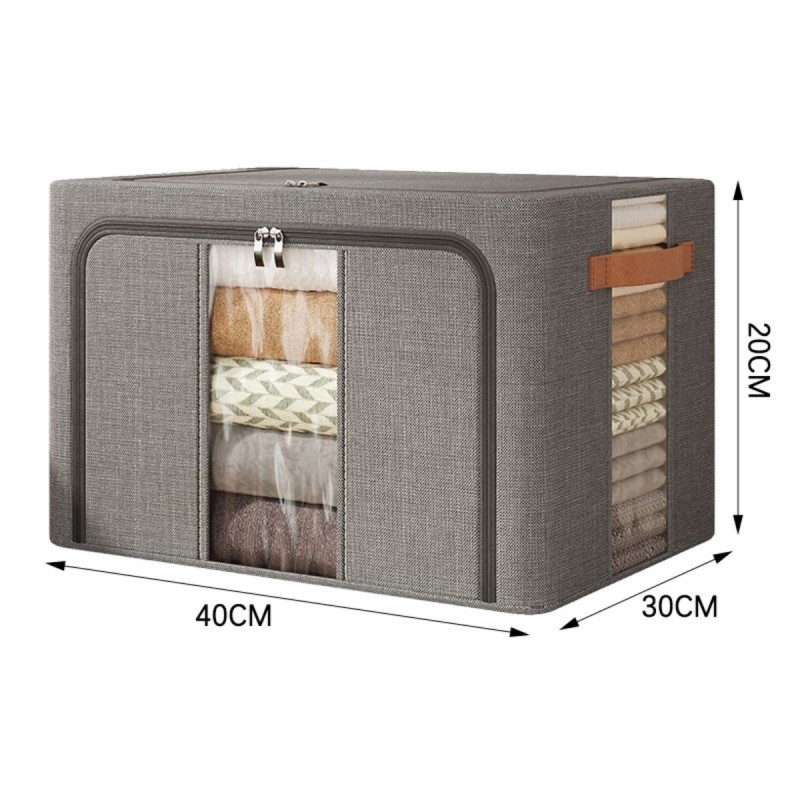 Cutie Depozitare Multifunctionala, cu Cadru Metalic, Fermoar Dublu și Ferestre Transparente, Naimeed D7654, dimensiuni 40x30x20cm, Gri inchis