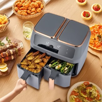 Friteuza fara ulei, Sokany SK-8030, 2 sertare de gatit, 2800W, 8L, Control Temperatura, Gri/Auriu