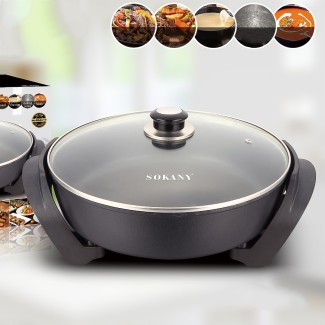 Tigaie electrica, Sokany YQ-2004, 1500W, diametru 30 cm, termostat, material interior non aderent, capac sticla
