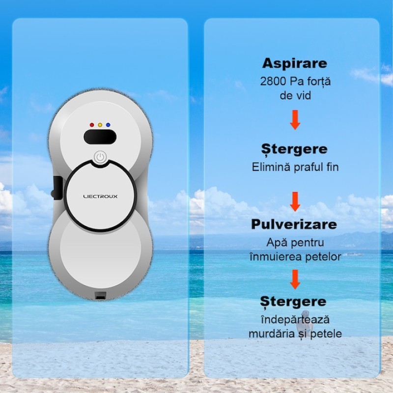 Robot Curatare Geamuri Liectroux HCR-10(D6809), 2800Pa, protectie anti cadere, baterie 500mAh, autonomie 60 de minute pe acumulator in caz de pana de curent, capacitate 30ml, 295x145x120mm, Alb