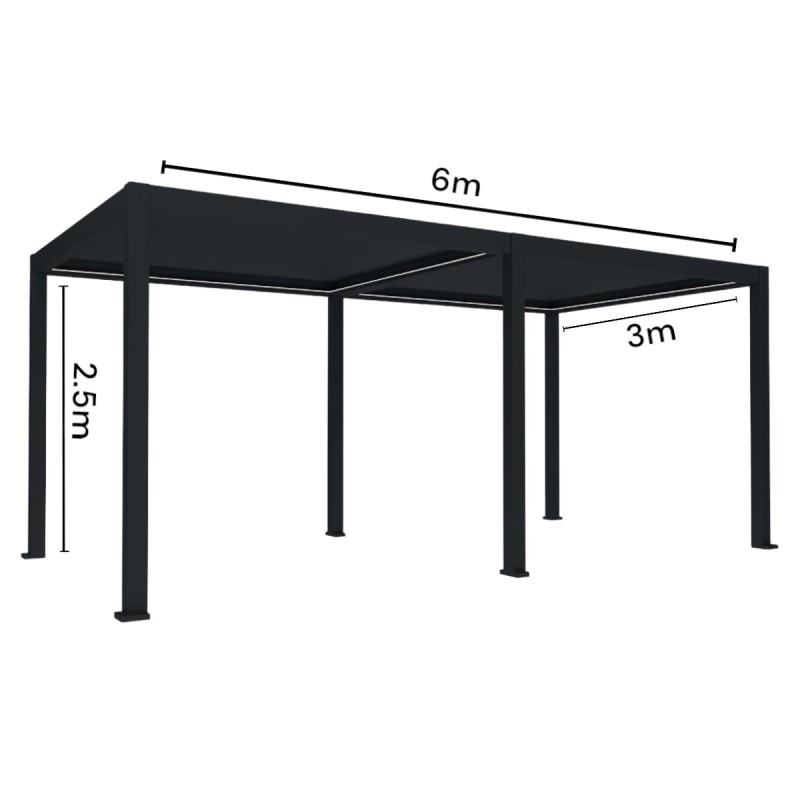 Pergola bioclimatica, iluminare LED, aluminiu, acoperis motorizat, Naimeed D6787, 600x300x250cm, Negru
