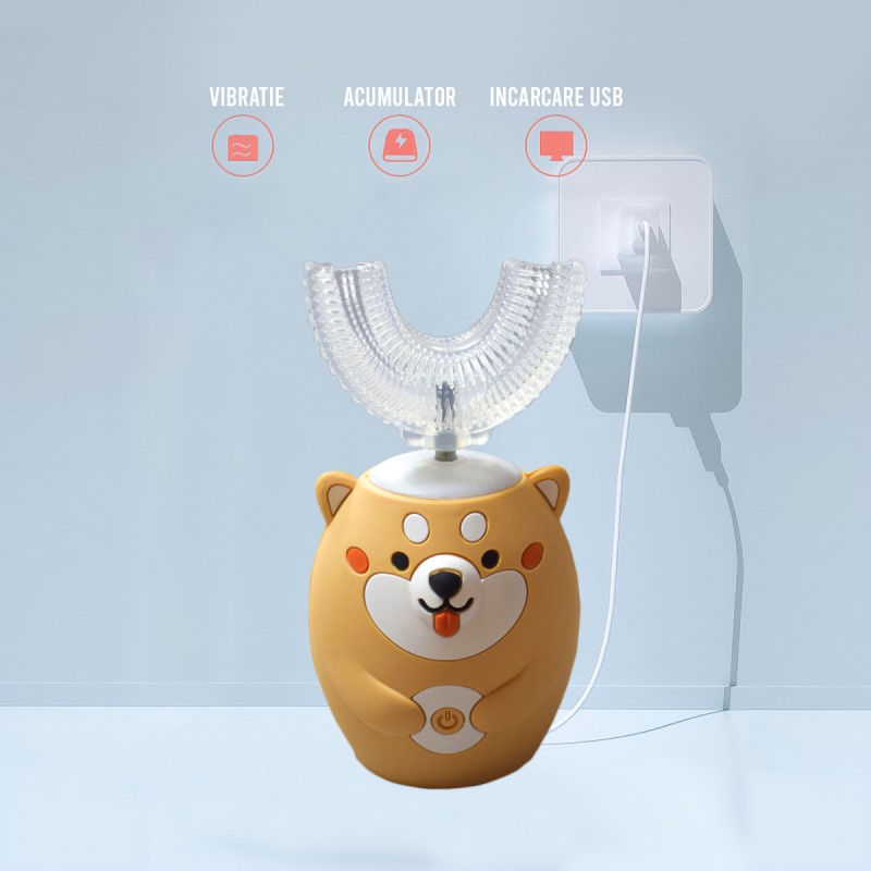 Periuta de dinti electrica U-shape, 5 programe, pentru Copii 3-12 ani, Naimeed D4370, acumulator, incarcare USB, Crem