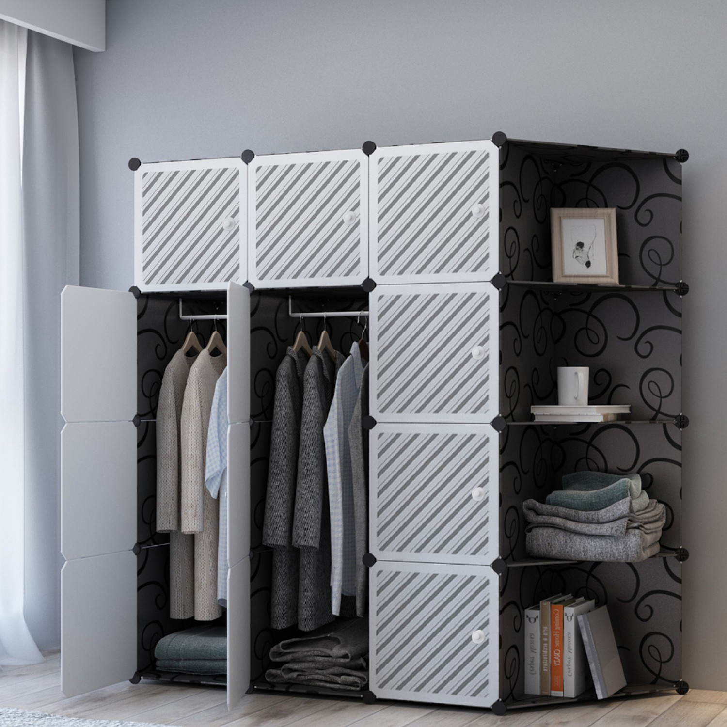 Dulap Modular, 12 Compartimente, D3372, Negru/Alb