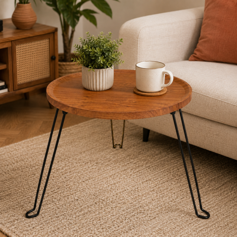 Masuta de Cafea Rotunda, Naimeed D7704, Blat din MDF cu Aspect Lemn si Picioare Metalice, 50 x 45 cm
