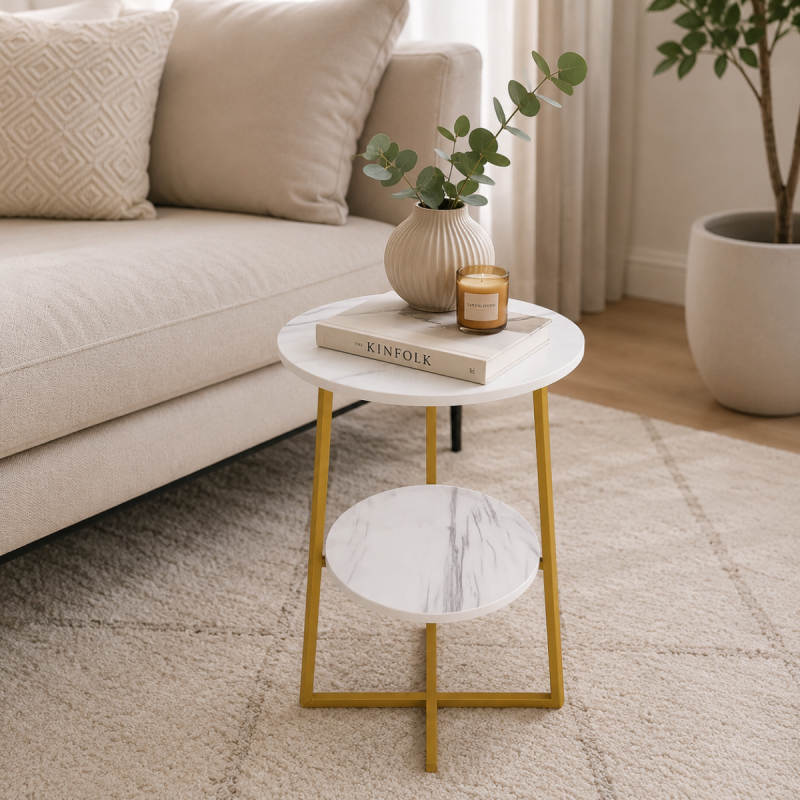 Masuta de Cafea cu 2 Blaturi, Naimeed D7705, Cadru Metalic Auriu si Blaturi MDF, pentru Living, Dormitor sau Birou, 40x30x55 cm