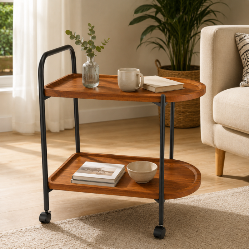 Masuta Multifunctionala cu Roti si 2 Niveluri, Naimeed D7706, Cadru Metalic Negru si Polite MDF cu Aspect Lemn, 60x34x67cm Masuta Multifunctionala cu Roti si 2 Niveluri, Naimeed D7706, Cadru Metalic Negru si Polite MDF cu Aspect Lemn, 60x34x67cm