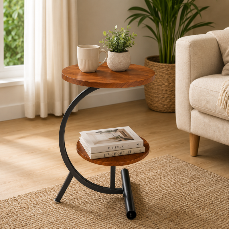 Masuta de Cafea, 2 Blaturi, Naimeed D7707, Design Modern, Cadru Metalic Negru si Blaturi MDF cu Aspect Lemn, pentru Living, Dormitor sau Birou, 40x30x57cm