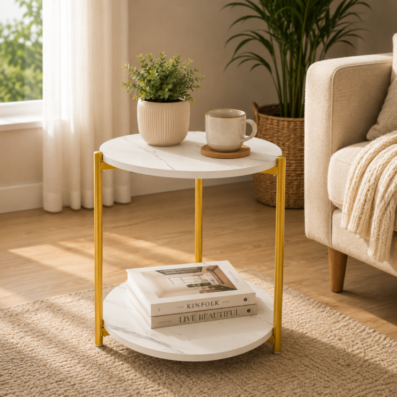 Masuta de Cafea, 2 Blaturi, Naimeed D7708, Design Modern, Cadru Metalic auriu, Blaturi MDF, pentru Living, Dormitor sau Birou, 40x40cm