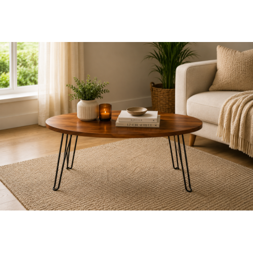 Masuta de Cafea Rotunda, Naimeed D7709, Blat din MDF cu Aspect Lemn si Picioare Metalice, 45x80cm Masuta de Cafea Rotunda, Naimeed D7709, Blat din MDF cu Aspect Lemn si Picioare Metalice, 45x80cm
