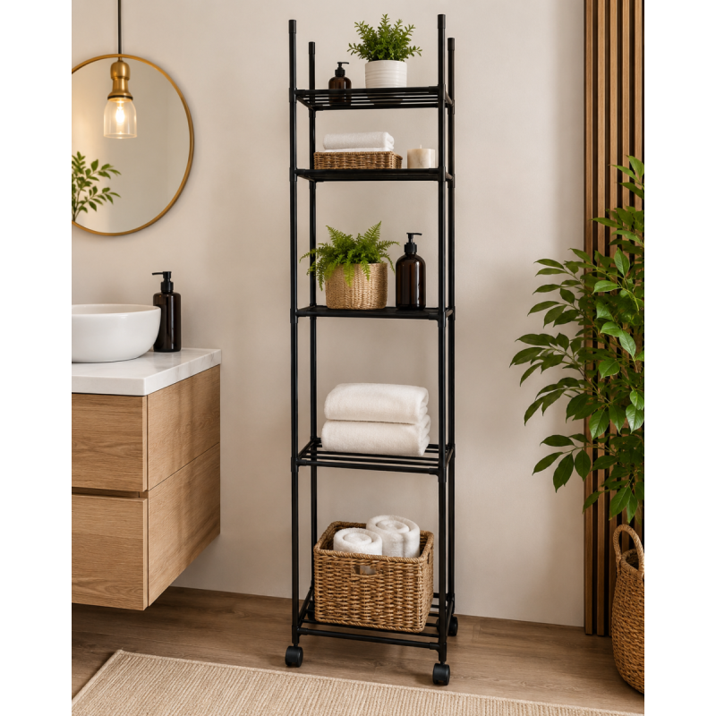 Raft de depozitare pentru bucatarie, Naimeed D7711, 6 Rafturi, cu Roti, Metal, Negru