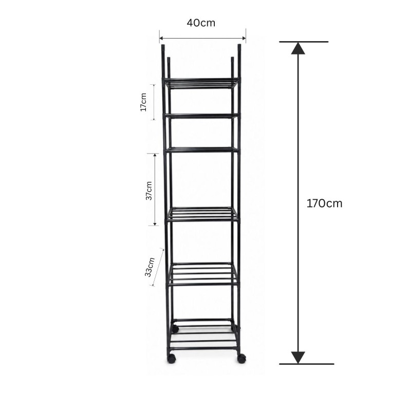 Raft de depozitare pentru bucatarie, Naimeed D7711, 6 Rafturi, cu Roti, Metal, Negru
