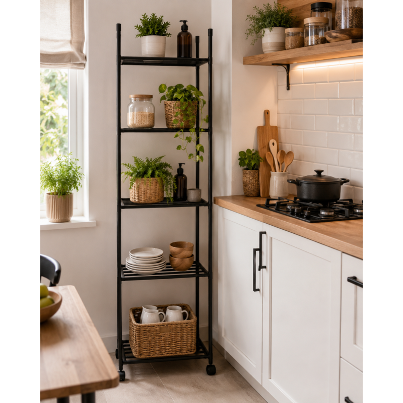 Raft de depozitare pentru bucatarie, Naimeed D7711, 6 Rafturi, cu Roti, Metal, Negru