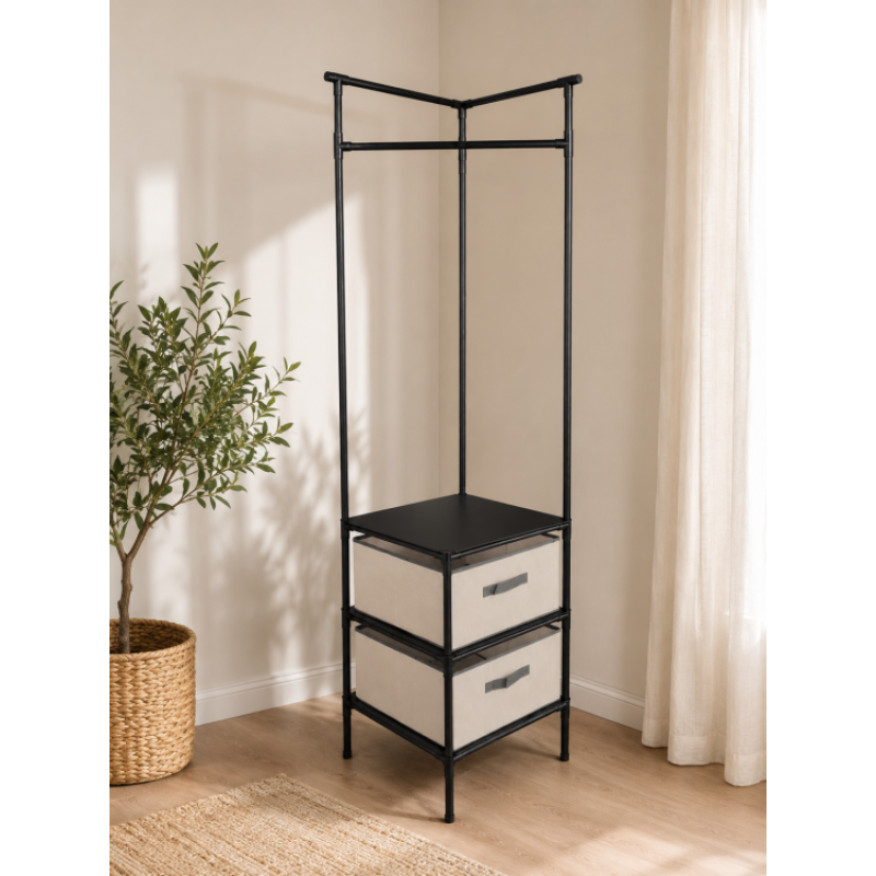 Raft Metalic de Colt, Bara pentru Umerase, 2 Sertare Textile, Naimeed D7712, 44x75cm, Negru Raft Metalic de Colt, Bara pentru Umerase, 2 Sertare Textile, Naimeed D7712, 44x75cm, Negru