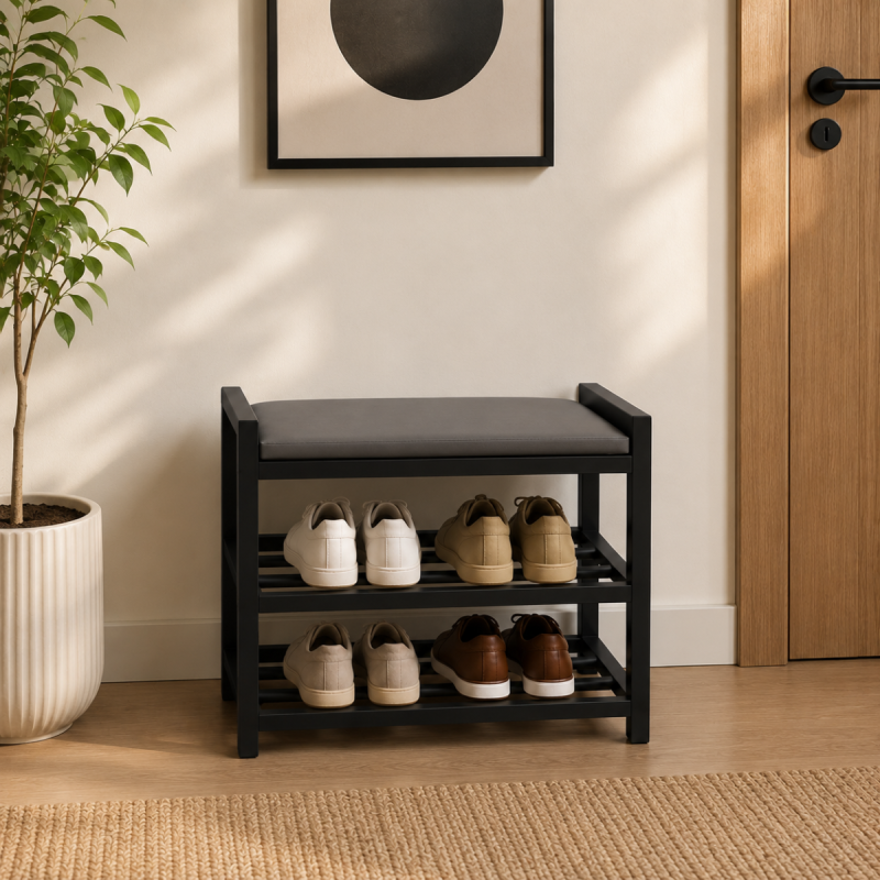Bancuta pentru Hol cu Pantofar, Naimeed D7713, Sezut Tapitat, Cadru Metalic, 2 Niveluri pentru Incaltaminte, 60x25x40cm, Negru