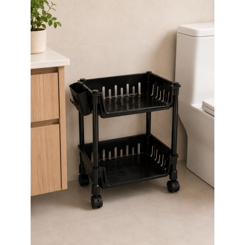 Raft Mobil cu 2 Niveluri si Roti, Naimeed D7715, Organizator Multifunctional pentru Bucatarie, Baie sau Birou, 33 x 26 x 45 cm, Negru