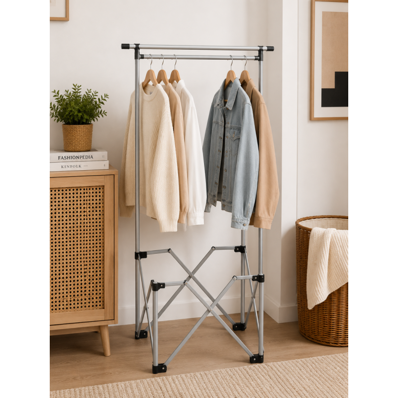Organizator pentru Haine Pliabil, Naimeed D7716, Suport cu Bara pentru Umerase, Metal, 48x138cm, Argintiu/Negru Organizator pentru Haine Pliabil, Naimeed D7716, Suport cu Bara pentru Umerase, Metal, 48x138cm, Argintiu/Negru