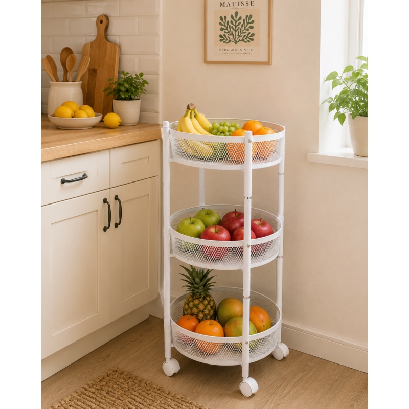 Raft Metalic Multifunctional Mobil cu 3 Niveluri si Roti, Naimeed D7718, pentru Fructe si Legume, Bucatarie, 35x35x88cm, Alb