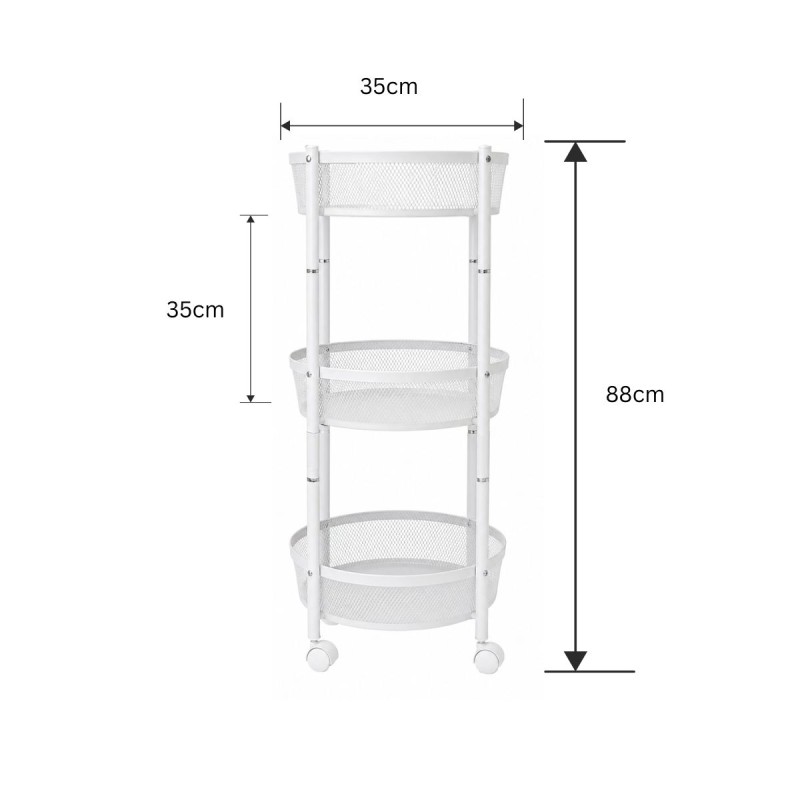 Raft Metalic Multifunctional Mobil cu 3 Niveluri si Roti, Naimeed D7718, pentru Fructe si Legume, Bucatarie, 35x35x88cm, Alb
