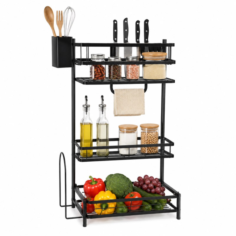 Raft Metalic Multifunctional pentru Bucatarie, Naimeed D7720, cu Suport pentru Cutite, Tacamuri si Prosoape, 33x60cm, Negru