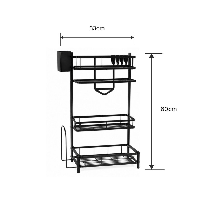 Raft Metalic Multifunctional pentru Bucatarie, Naimeed D7720, cu Suport pentru Cutite, Tacamuri si Prosoape, 33x60cm, Negru