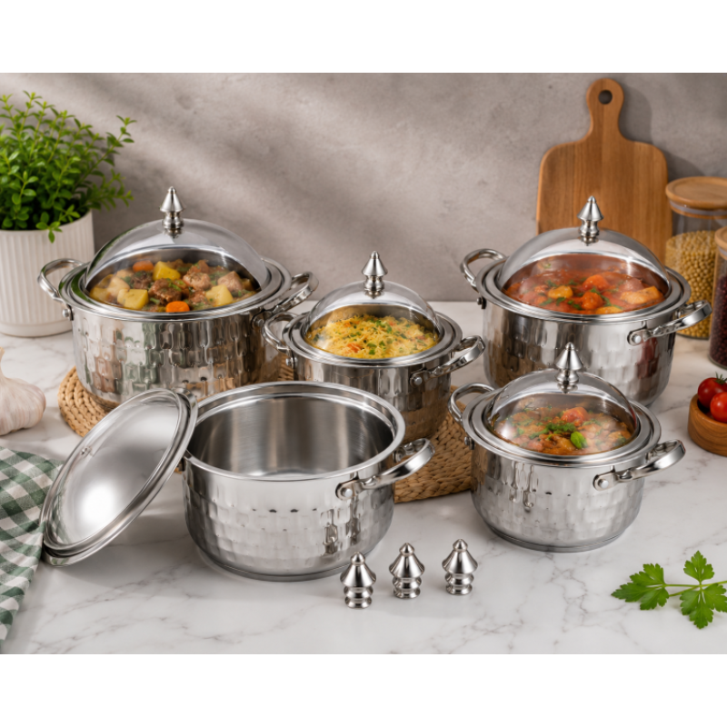 Set 5 Oale cu Capace din Inox, Naimeed D7940, Diferite Dimensiuni, Design Elegant, pentru Toate Tipurile de Aragaz