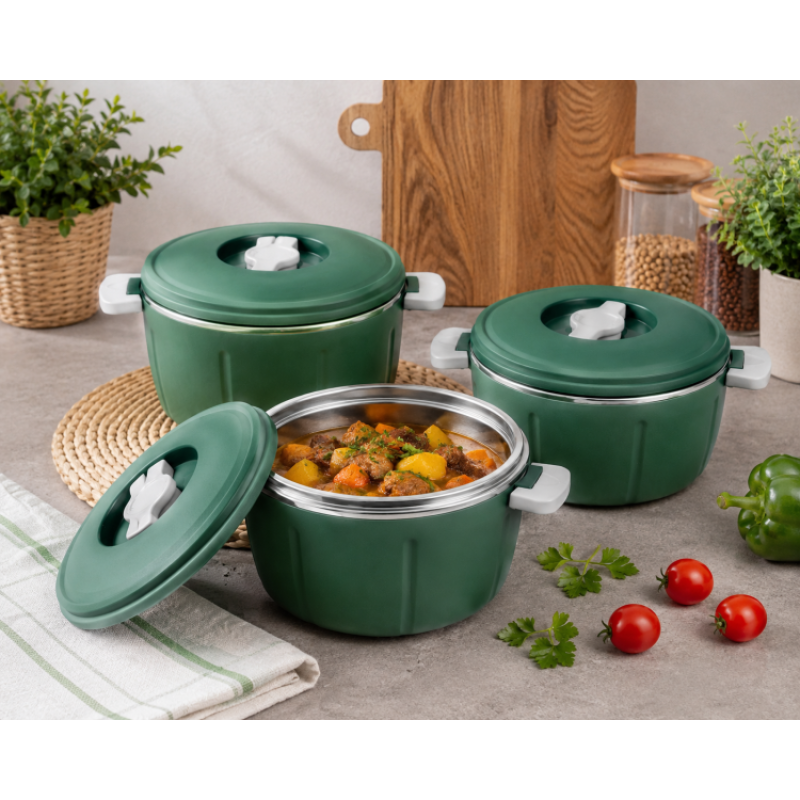 Set Caserole Termice cu Capac, Naimeed D7941, pentru Servire si Pastrarea Temperaturii Alimentelor, Verde, 1.8L + 3.5L + 6L