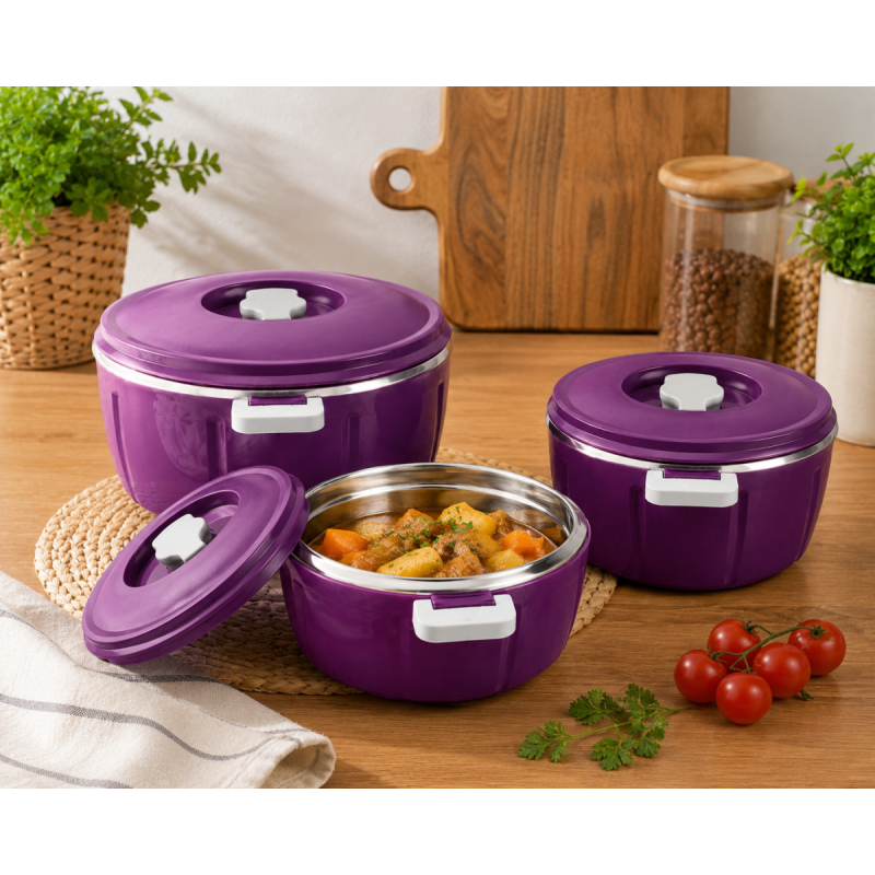 Set Caserole Termice cu Capac, Naimeed D7942, pentru Servire si Pastrarea Temperaturii Alimentelor, Mov, 1.8L+3.5L+6L Set Caserole Termice cu Capac, Naimeed D7942, pentru Servire si Pastrarea Temperaturii Alimentelor, Mov, 1.8L+3.5L+6L