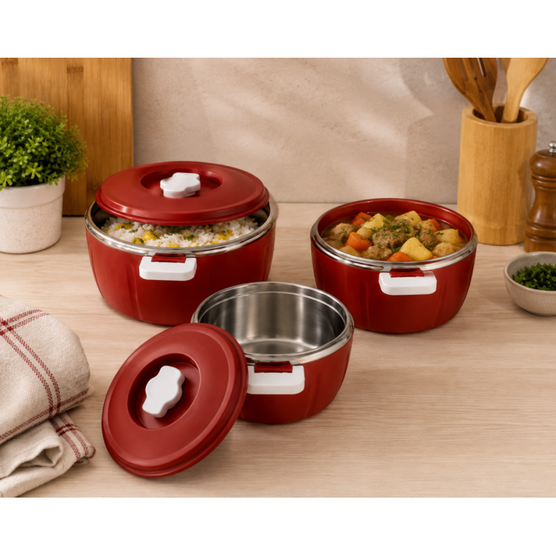 Set Caserole Termice cu Capac, Naimeed D7943, pentru Servire si Pastrarea Temperaturii Alimentelor, Rosu, 1.8L+3.5L+6L Set Caserole Termice cu Capac, Naimeed D7943, pentru Servire si Pastrarea Temperaturii Alimentelor, Rosu, 1.8L+3.5L+6L